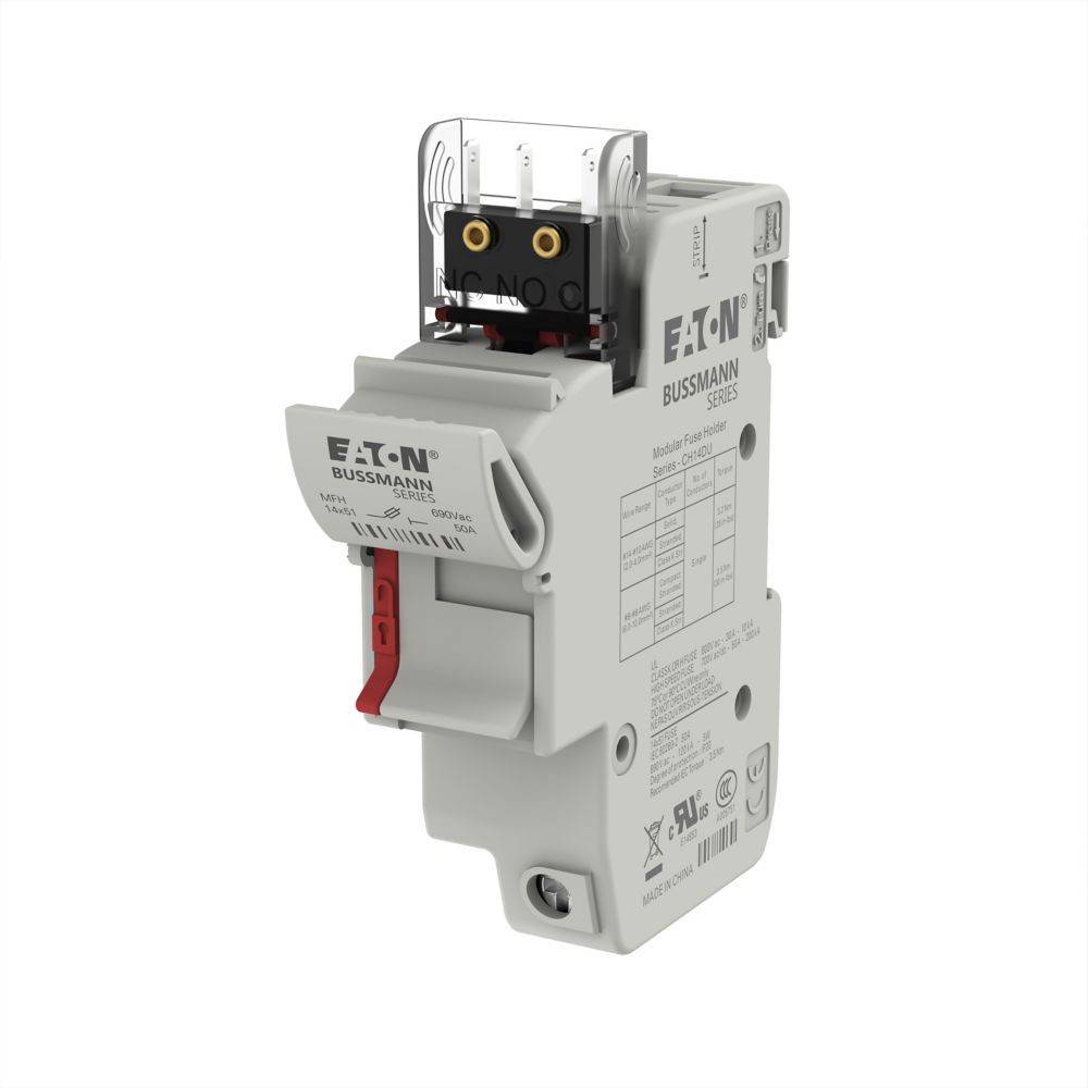 Eaton Bussmann Sicherungshalter/Schutzschaltermodul mit rotem Kippschalter, dargestellt auf weißem Hintergrund.