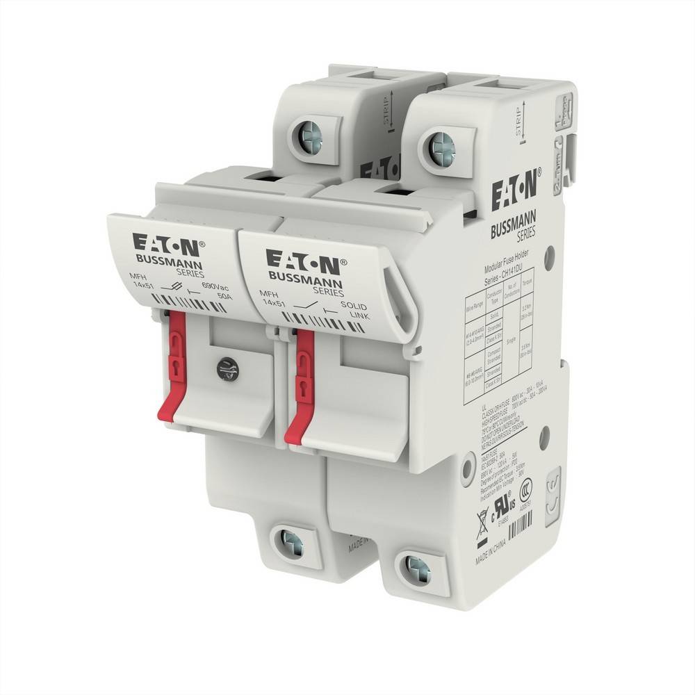 Weißes Eaton Bussmann Dual-Sicherungshaltermodul mit roten Entriegelungslaschen, gezeigt in einer produktstilisierten Ansicht auf weißem Hintergrund.