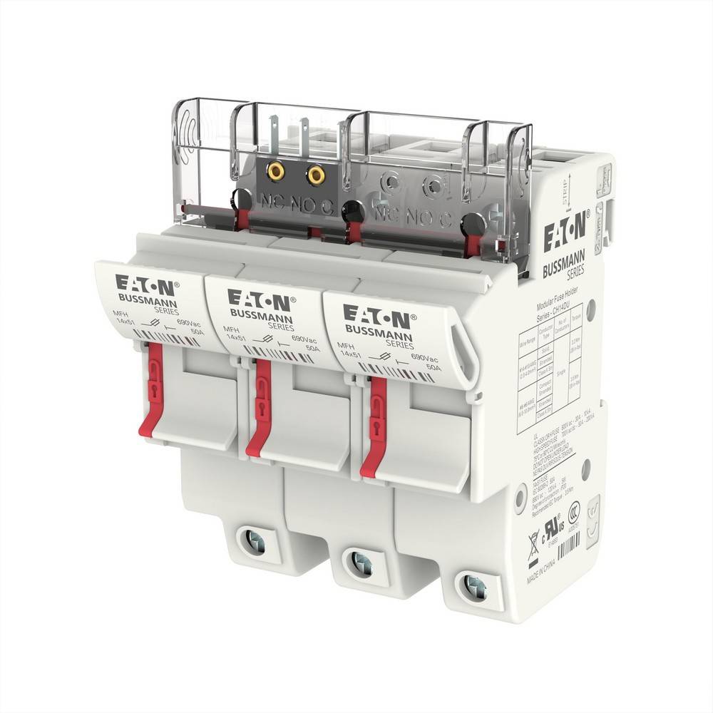Eaton Bussmann dreipoliger elektrischer Sicherungstrennschalter mit transparentem Gehäuse und roten Hebeltabs auf weißem Hintergrund.