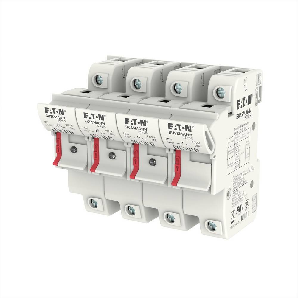 Eaton Bussmann vierpoliger elektrischer Schaltschutzschalter/Sicherungshalter mit roten Kippschaltern, auf weißem Hintergrund dargestellt.