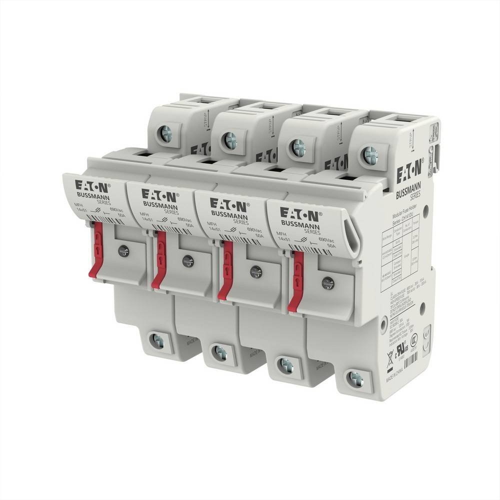 Eaton Bussmann vierpoli­ges elektri­sches Sicherungs­halter-/Schutz­schalter­modul mit roten Schalt­laschen, dargestellt vor weißem Hintergrund.