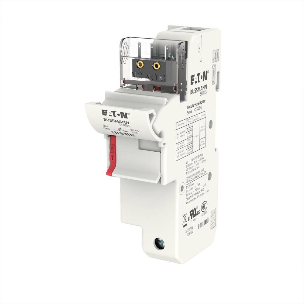 Eaton Bussmann Sicherungshalter-/Schaltermodul mit rotem Hebel, dargestellt auf weißem Hintergrund.