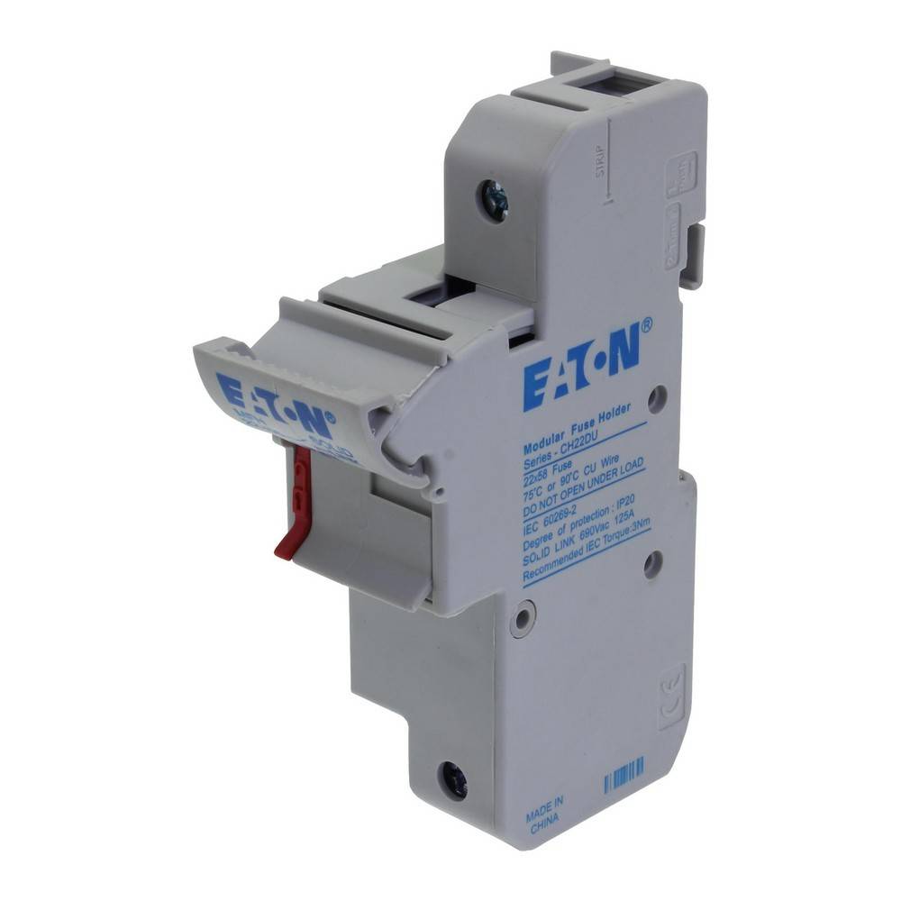 Gray Eaton Modular-Sicherunghalter mit rotem Freigabereiter, gezeigt auf weißem Hintergrund.