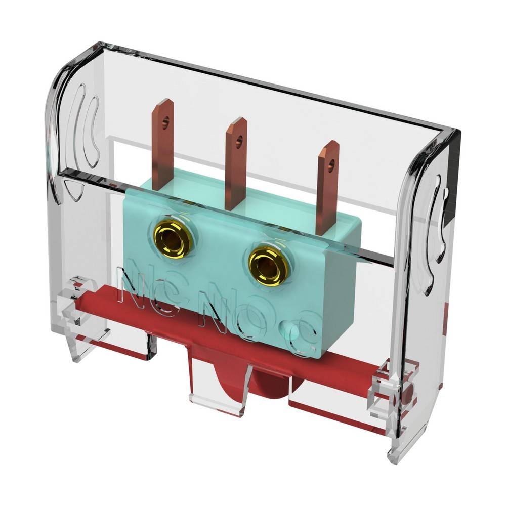 Transparente Sicherungspatrone mit drei Metallbügeln und zwei runden Anschlüssen in einem klaren Kunststoffgehäuse.