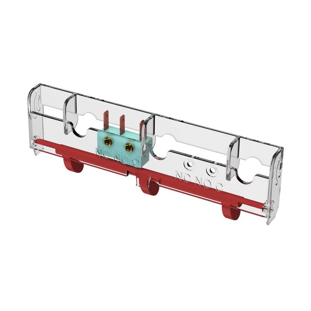 Transparenter Kunststoff-Elektrostecker mit roter Basis und zwei Metallklemmen, isoliert auf weißem Hintergrund dargestellt.