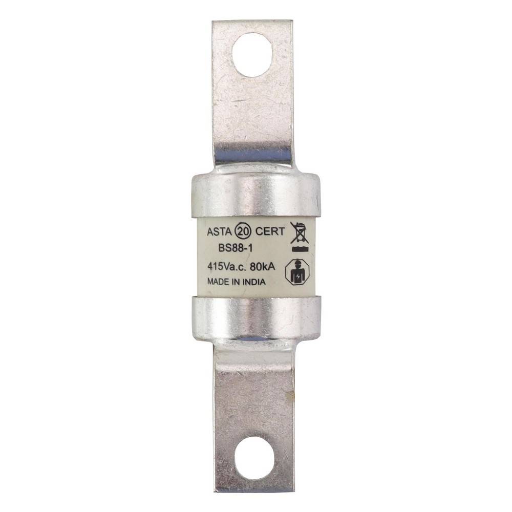Zylindrisches elektrisches Schmelzleistungsschalter mit Metallendlaschen, gekennzeichnet mit „ASTA 20 CERT BS88-1 415V a.c. 80kA MADE IN INDIA