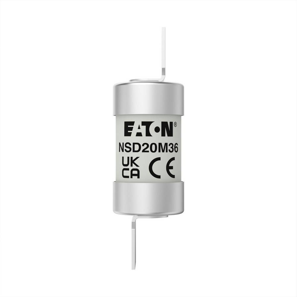Eaton NSD20M36 Zylindersicherung mit Metallendkappen und Anschlussdrähten, gekennzeichnet mit „UK
