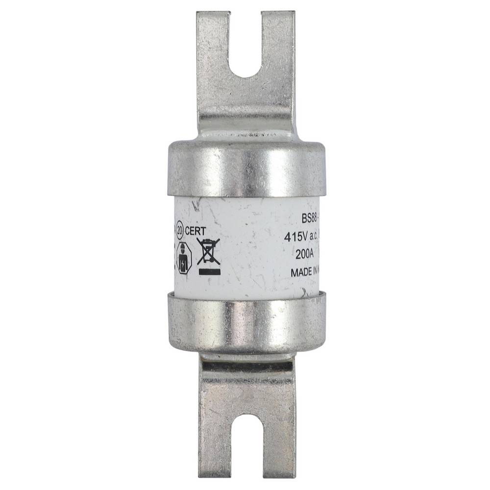 Zylindrische elektrische Sicherung mit Metallanschlüssen, gekennzeichnet mit 415V und 200A, gezeigt auf weißem Hintergrund.