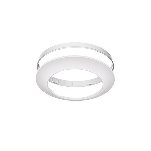 Weiße kreisförmige Deckenleuchte mit zentraler Öffnung und transparentem äußerem Ring, dargestellt auf einfachem weißem Hintergrund.