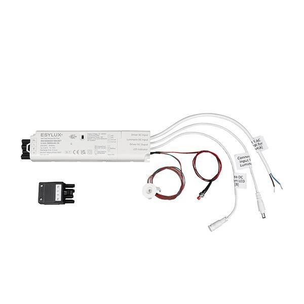 Weißes ESYLUX LED-Treibermodul mit angeschlossenen Kabeln, plus eine kleine schwarze Anschlussbox und lose Verdrahtung auf weißem Hintergrund.
