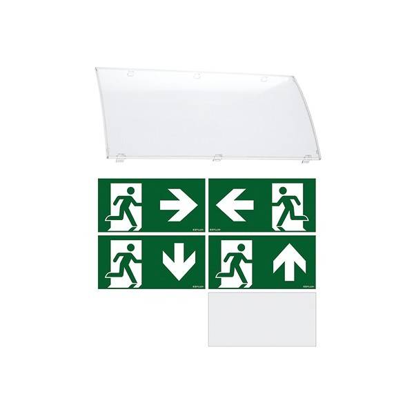 Notausgangsschild-Set mit transparenter Abdeckung und vier grünen Ausgangsrichtungsschildern mit Laufperson-Symbolen und Pfeilen nach links, rechts, oben und unten.