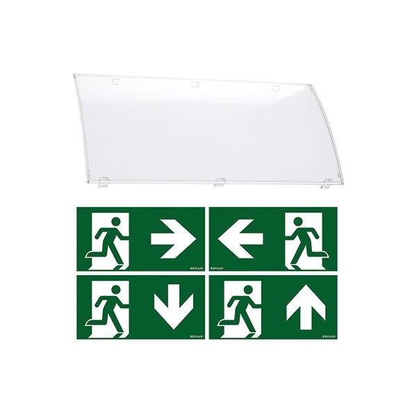 Transparente Notleuchtenabdeckung über vier grünen Fluchtwegschildern mit Piktogrammen einer laufenden Person und Pfeilen nach links, rechts, oben und unten.