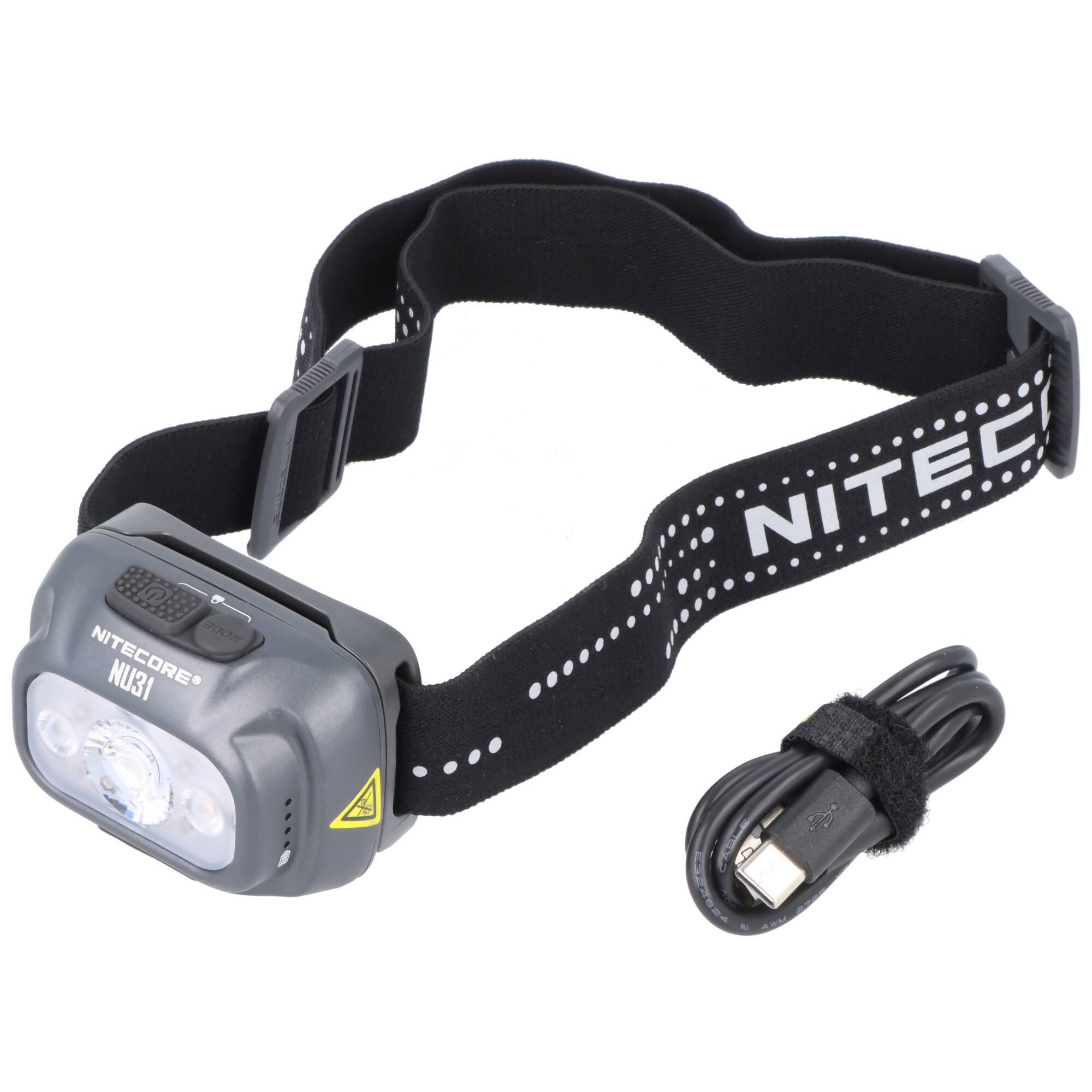 Graue NITECORE-Stirnlampe mit verstellbarem Kopfband und USB-Ladekabel auf weißem Hintergrund.