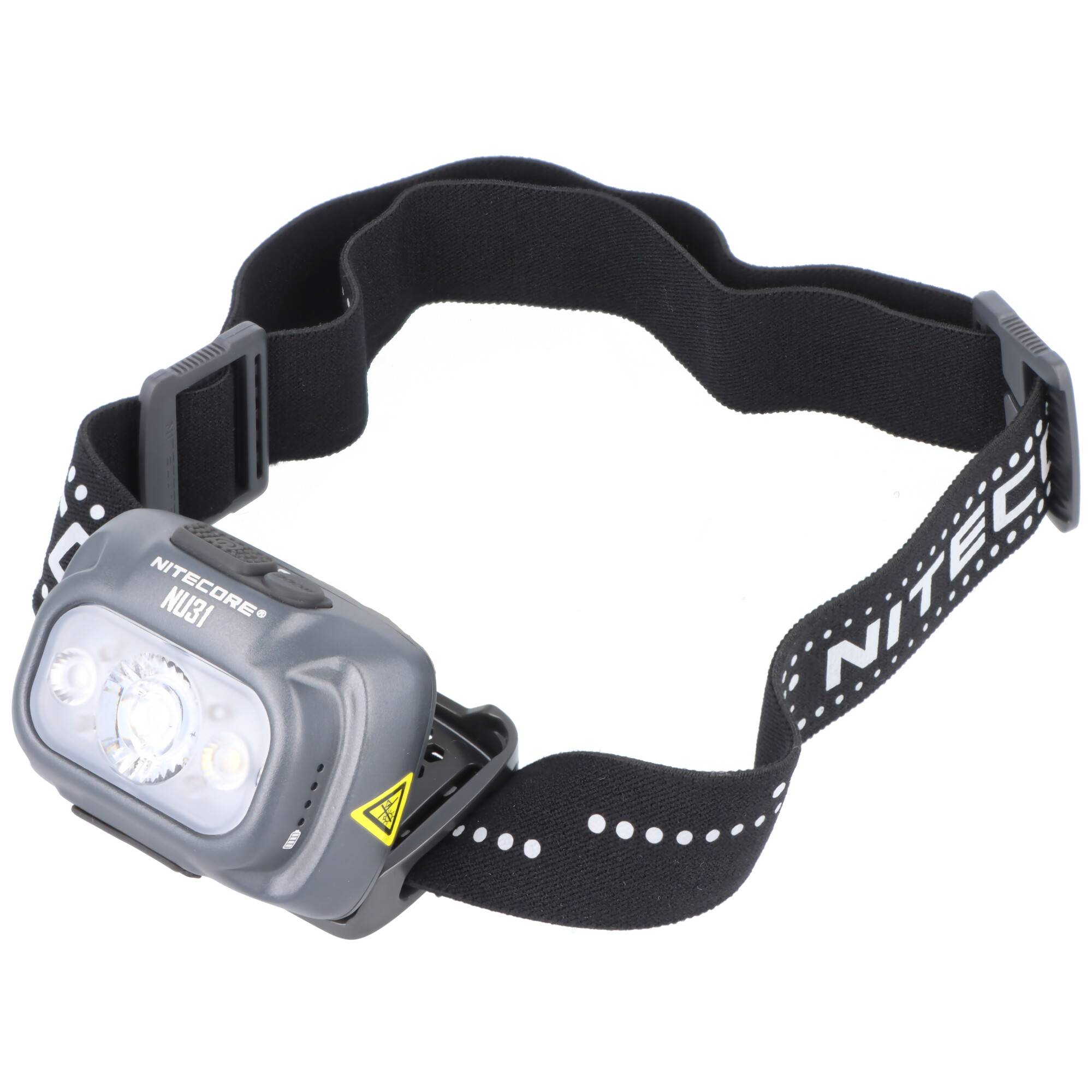 Graue Nitecore NU31 Stirnlampe mit verstellbarem schwarzem elastischem Kopfband, frontal auf weißem Hintergrund dargestellt.