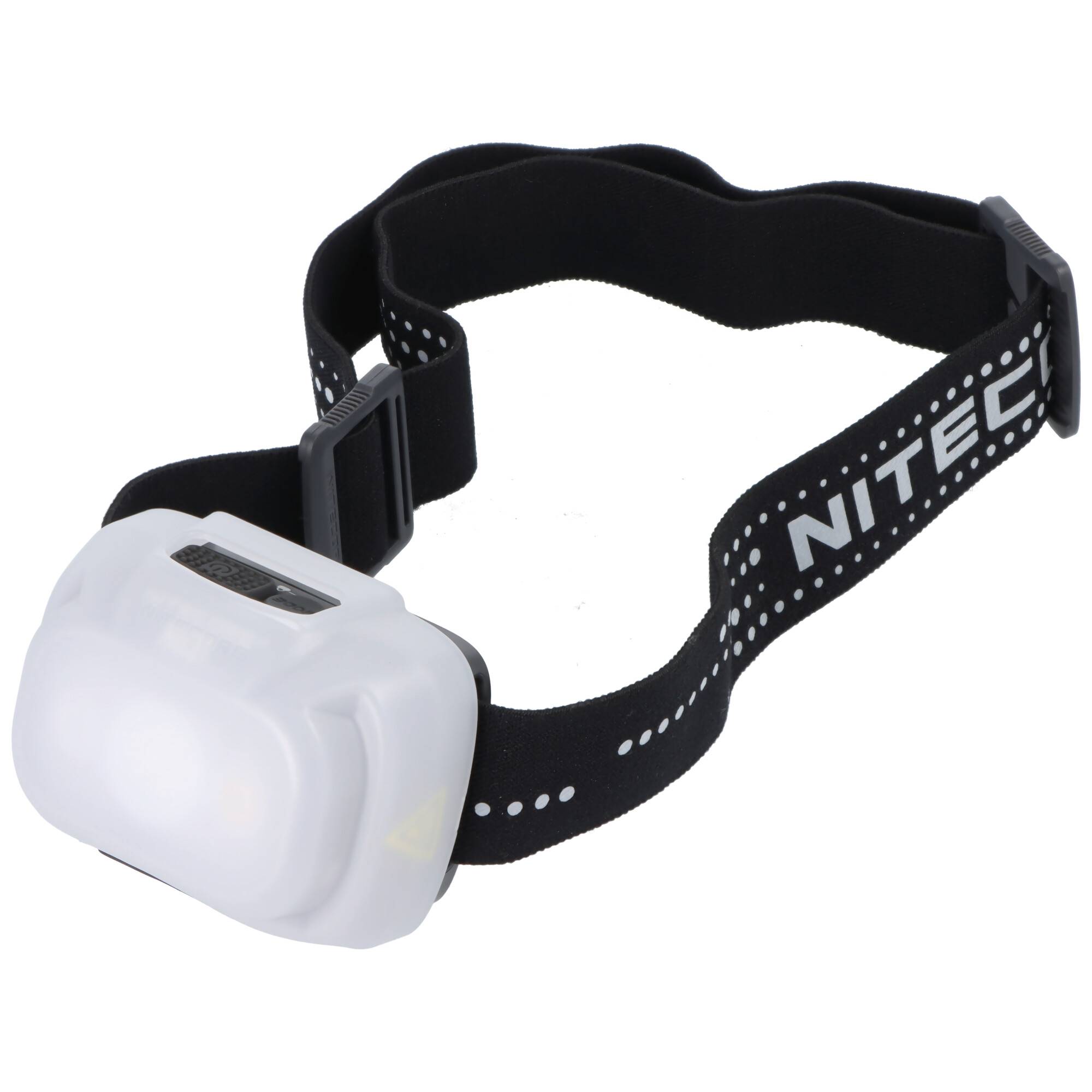 NITECORE Stirnlampe mit schwarzem verstellbarem Kopfband und weißer Lampeneinheit auf neutralem Hintergrund.