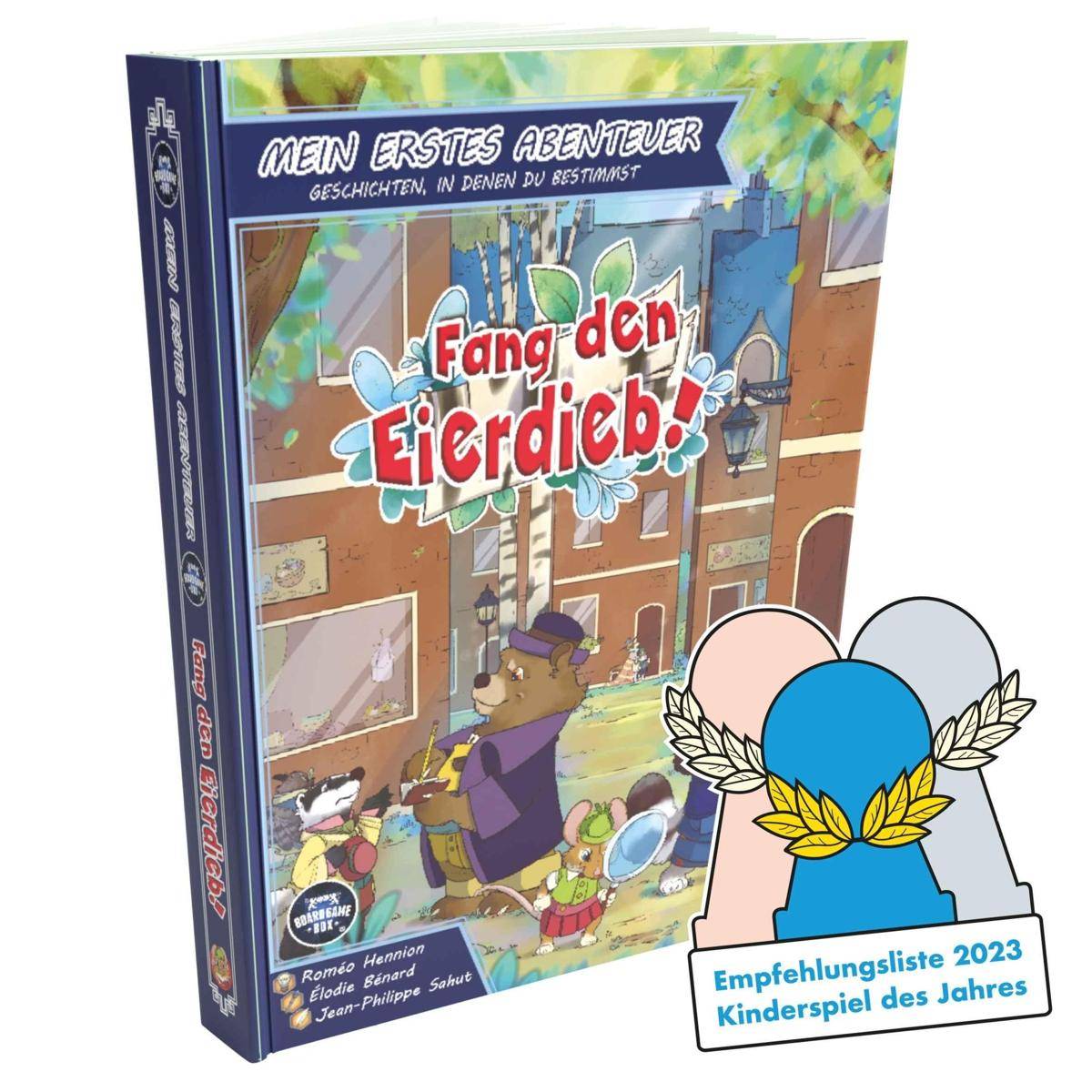 Umschlag eines deutschen Kinderabenteuer-Buches mit dem Titel „Fang den Eierdieb!
