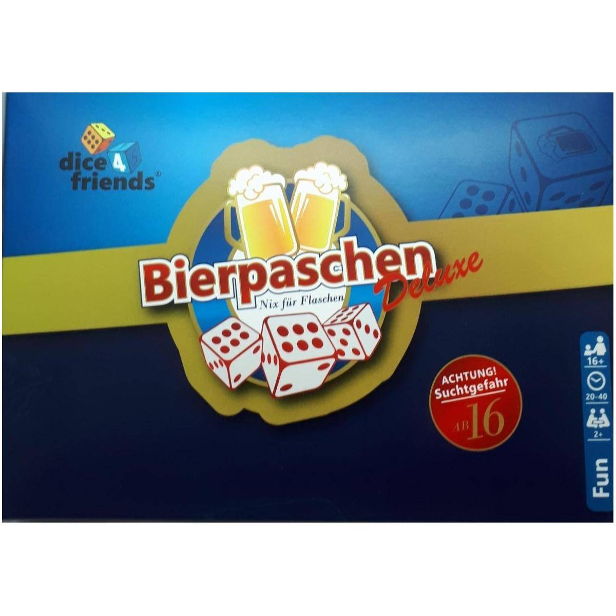 Bierpaschen Deluxe Brettspielschachtel mit zwei Bierkrügen und Würfeln, beschriftet mit „Nix für Flaschen