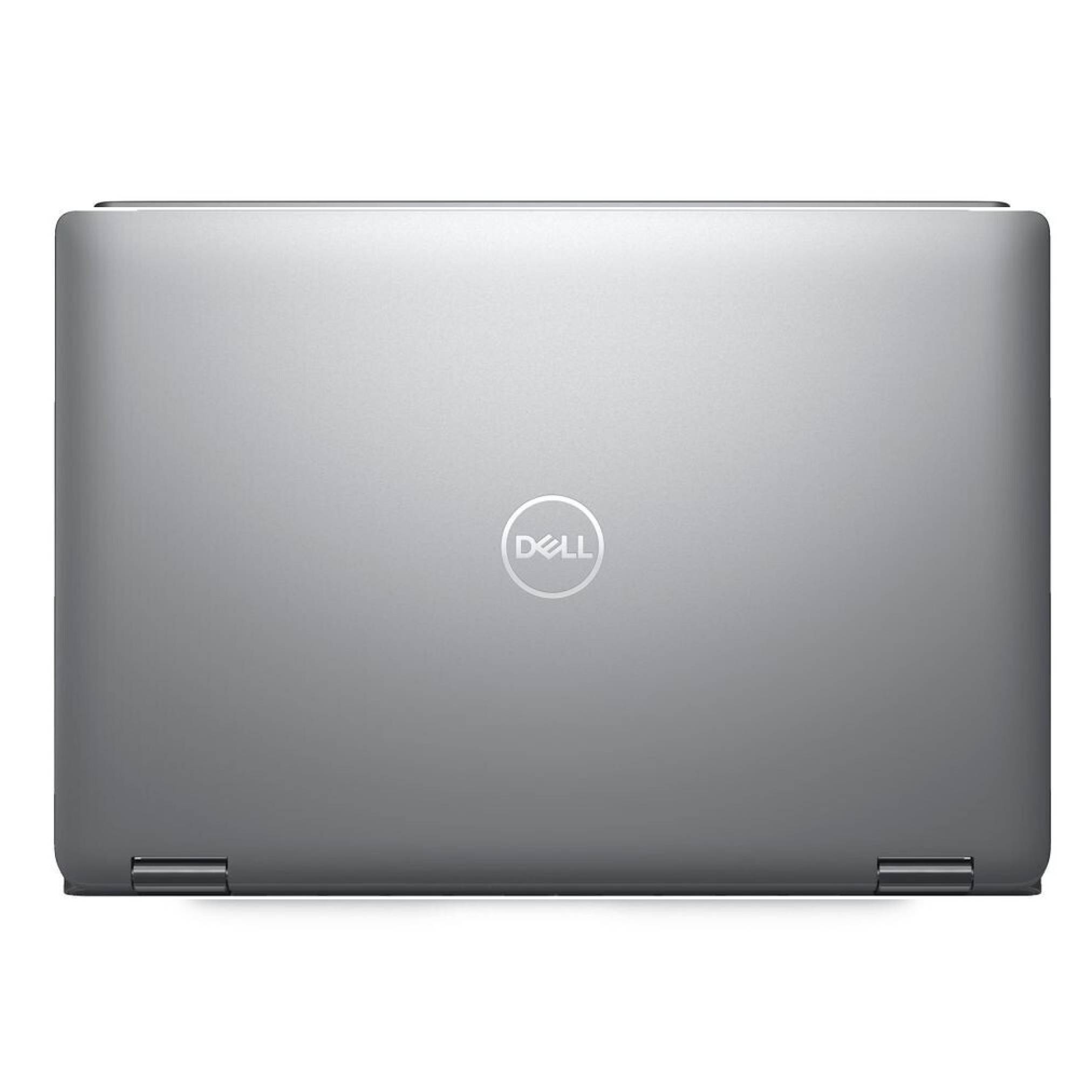 Geschlossener silberner Dell-Laptop von oben auf weißem Hintergrund betrachtet.