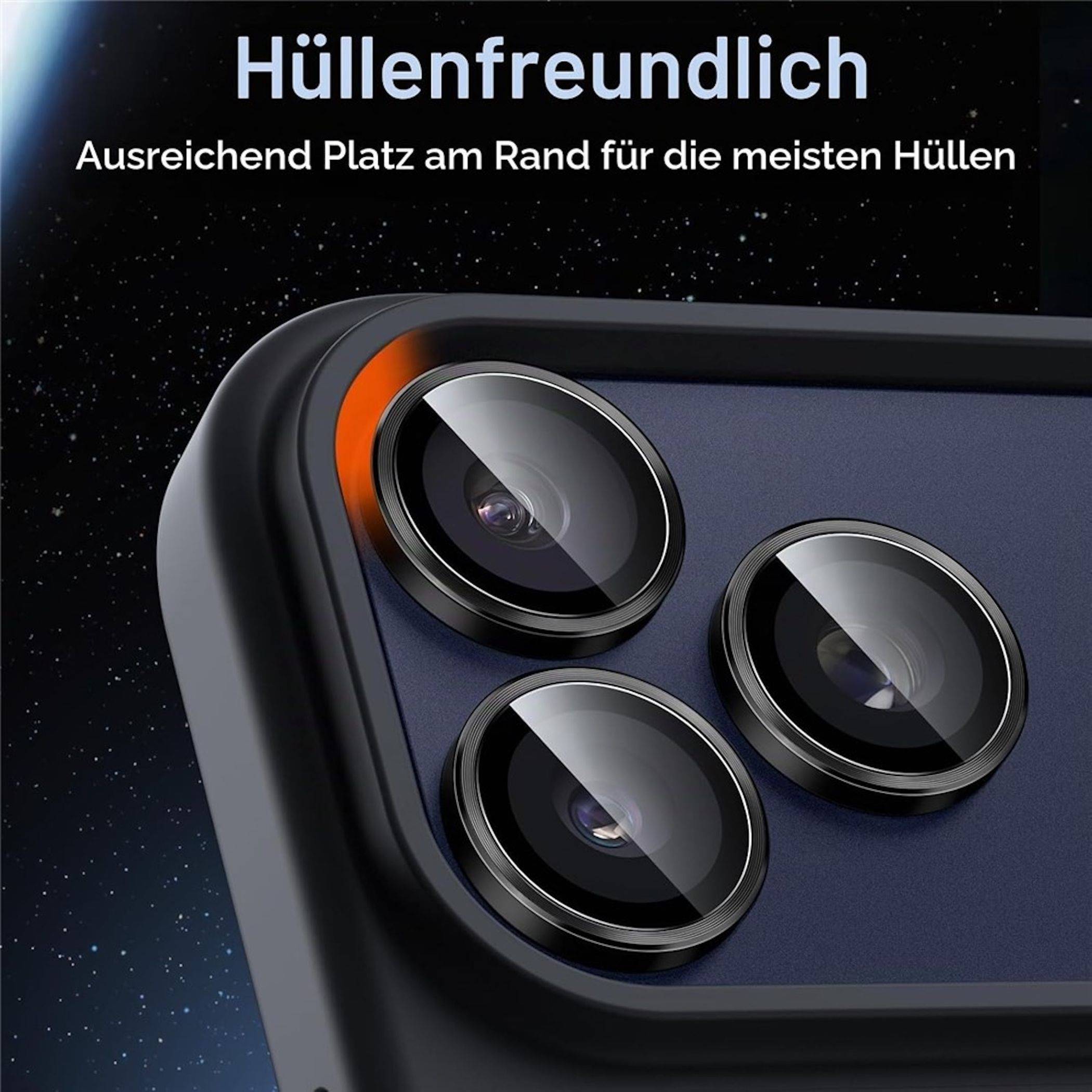Handyhülle mit erhöhtem Rand zum Schutz von drei hinteren Kameralinsen; deutscher Text besagt „Hüllenfreundlich