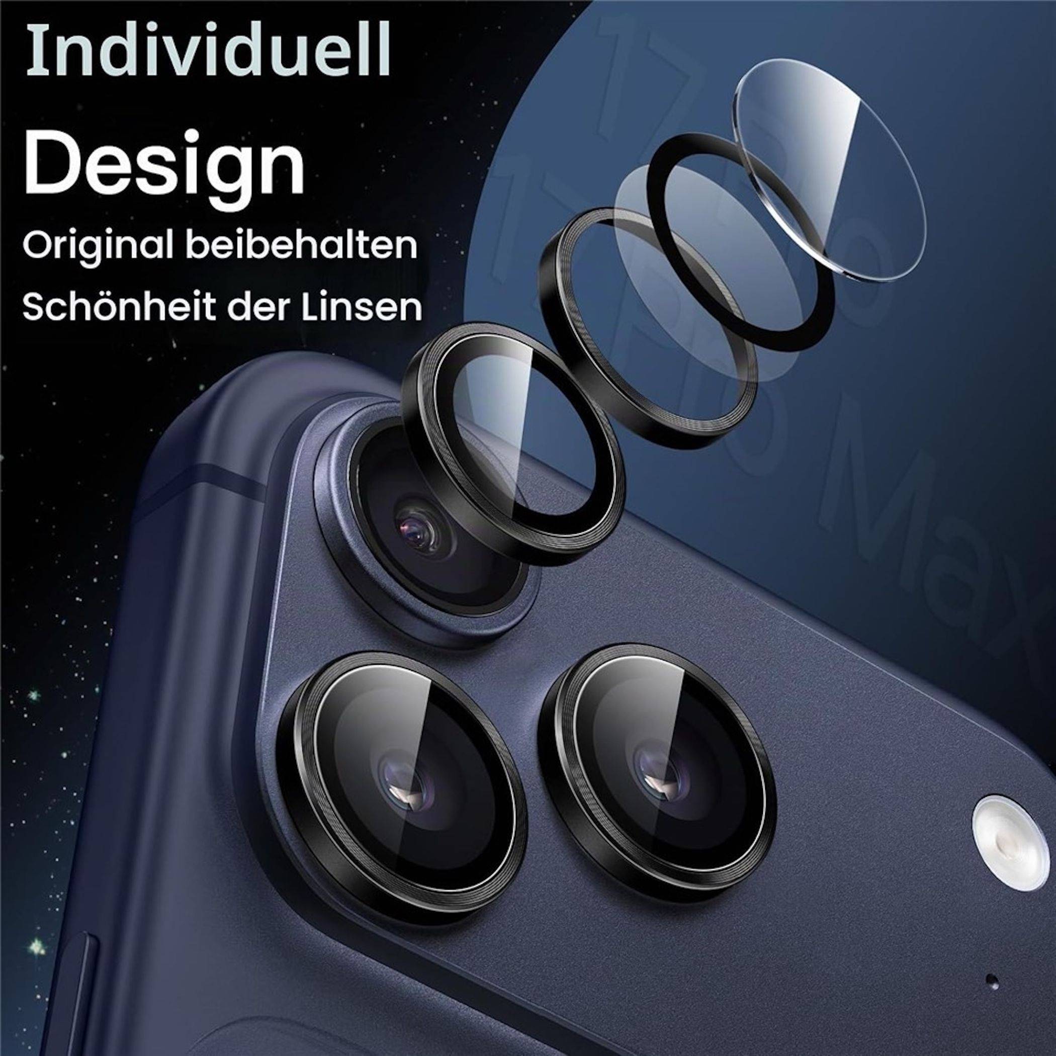Grafik eines Handykamera-Objektivschutzes, der geschichtete Ringe über den Objektiven zeigt, mit deutschem Text „Individuell Design