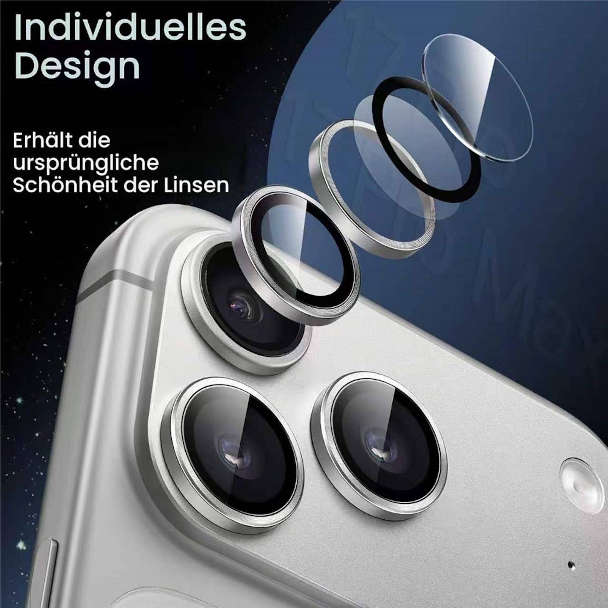 Explodierte Ansicht eines Smartphone-Kameramoduls mit gestapelten Linsenringen; deutscher Text lautet „Individuelles Design