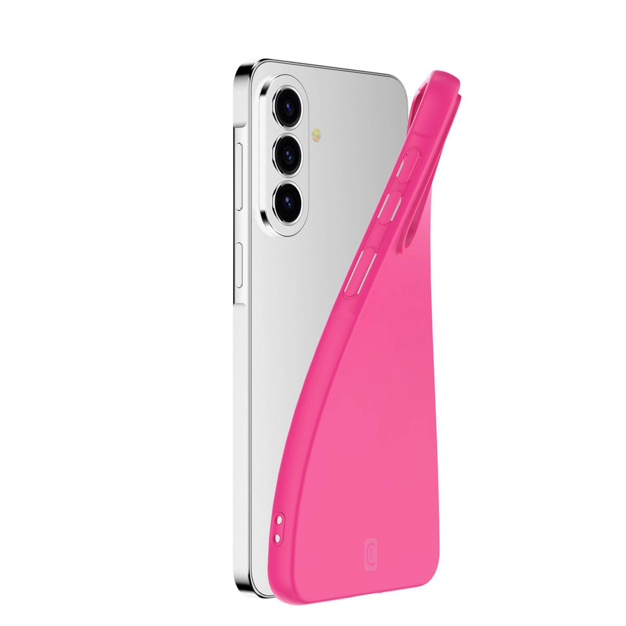 Silbernes Smartphone teilweise von einer leuchtend rosa Schutzhülle bedeckt, gezeigt in einer produktstilisierten Ansicht auf weißem Hintergrund.