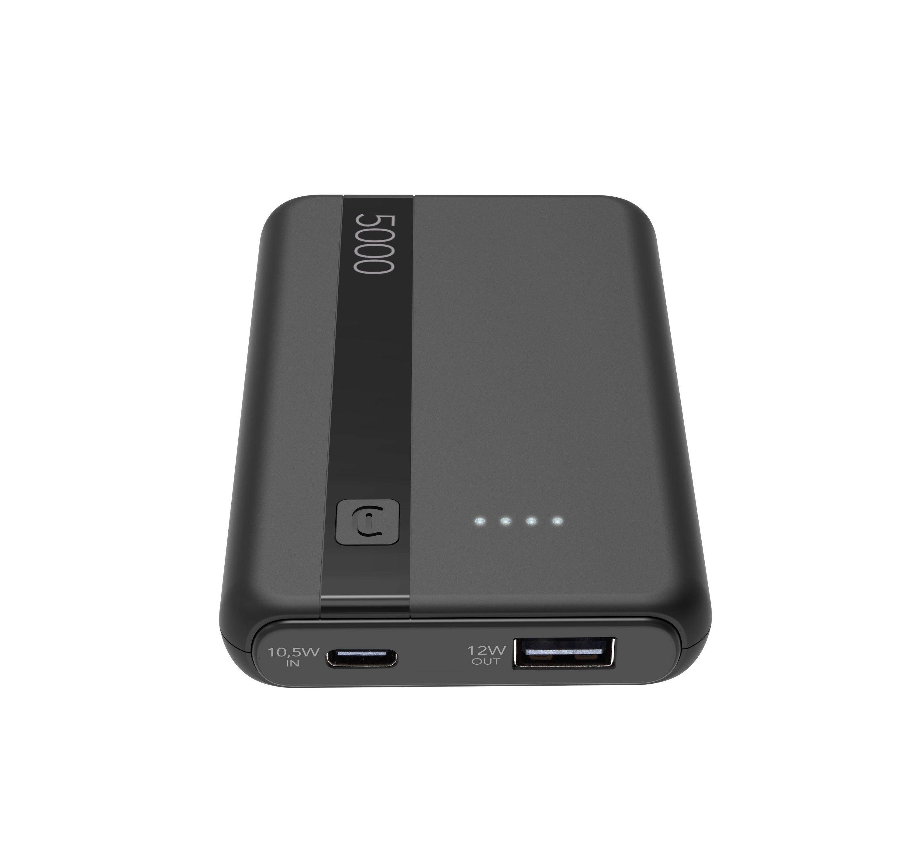 Schwarze 5000-mAh-Powerbank mit USB-C-Eingang, USB-A-Ausgang und vier Ladeanzeigeleuchten.