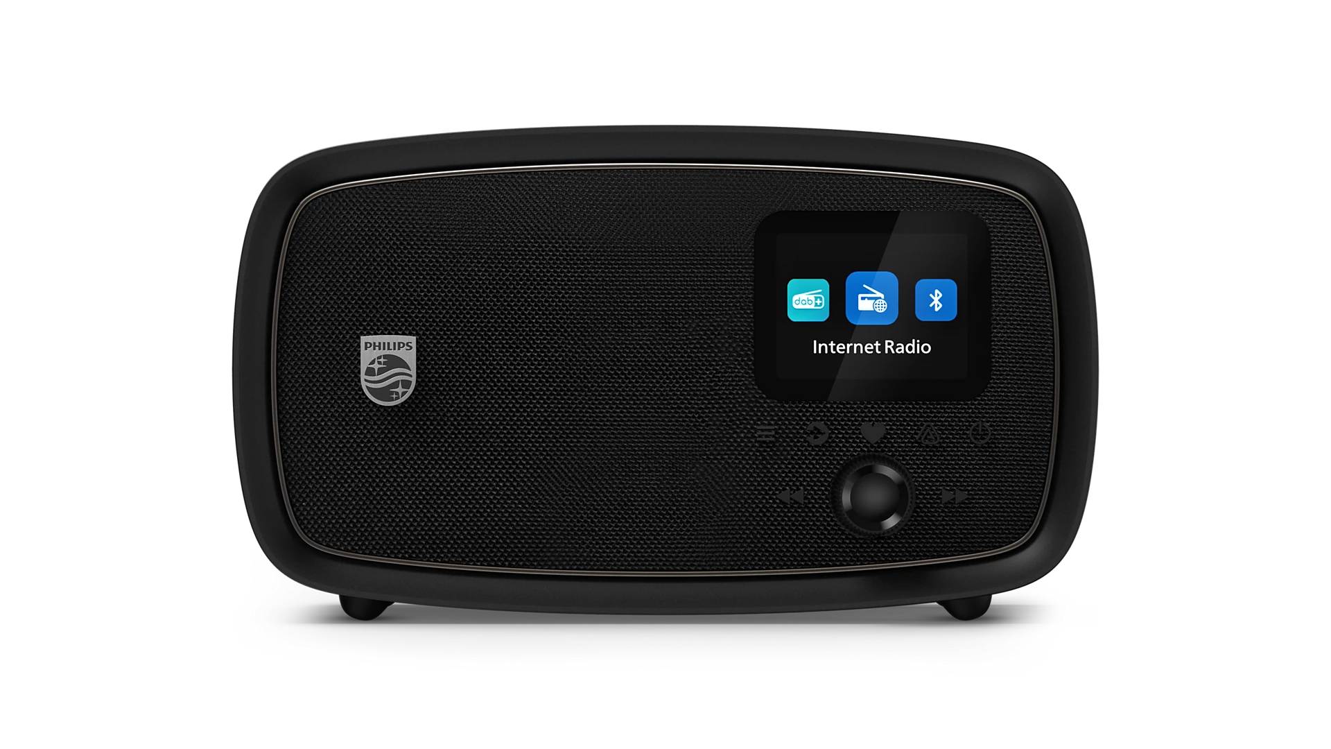 Schwarzes Philips-Tischradio mit kleinem Display, das „Internet Radio