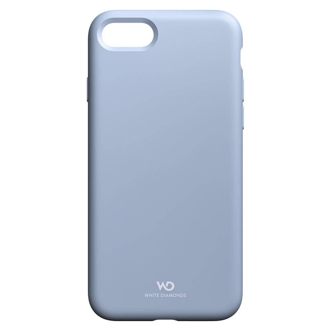Hellblaue Smartphone-Hülle, von hinten gezeigt, mit großem Kameraausschnitt und White Diamonds Logo am unteren Ende.