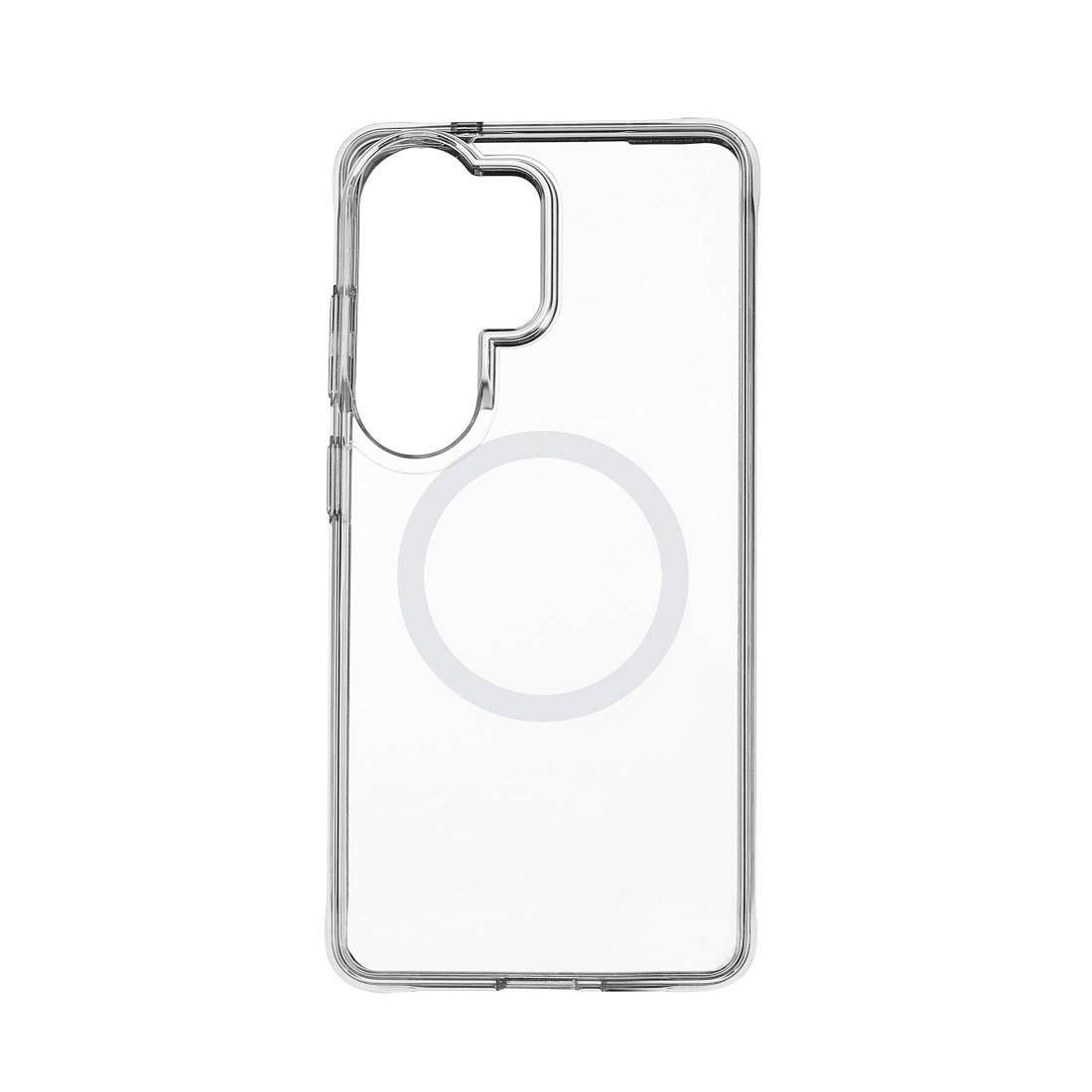 Transparente Smartphone-Hülle mit großem Kameraausschnitt und zentriertem, kreisförmigem MagSafe-Ring auf weißem Hintergrund.