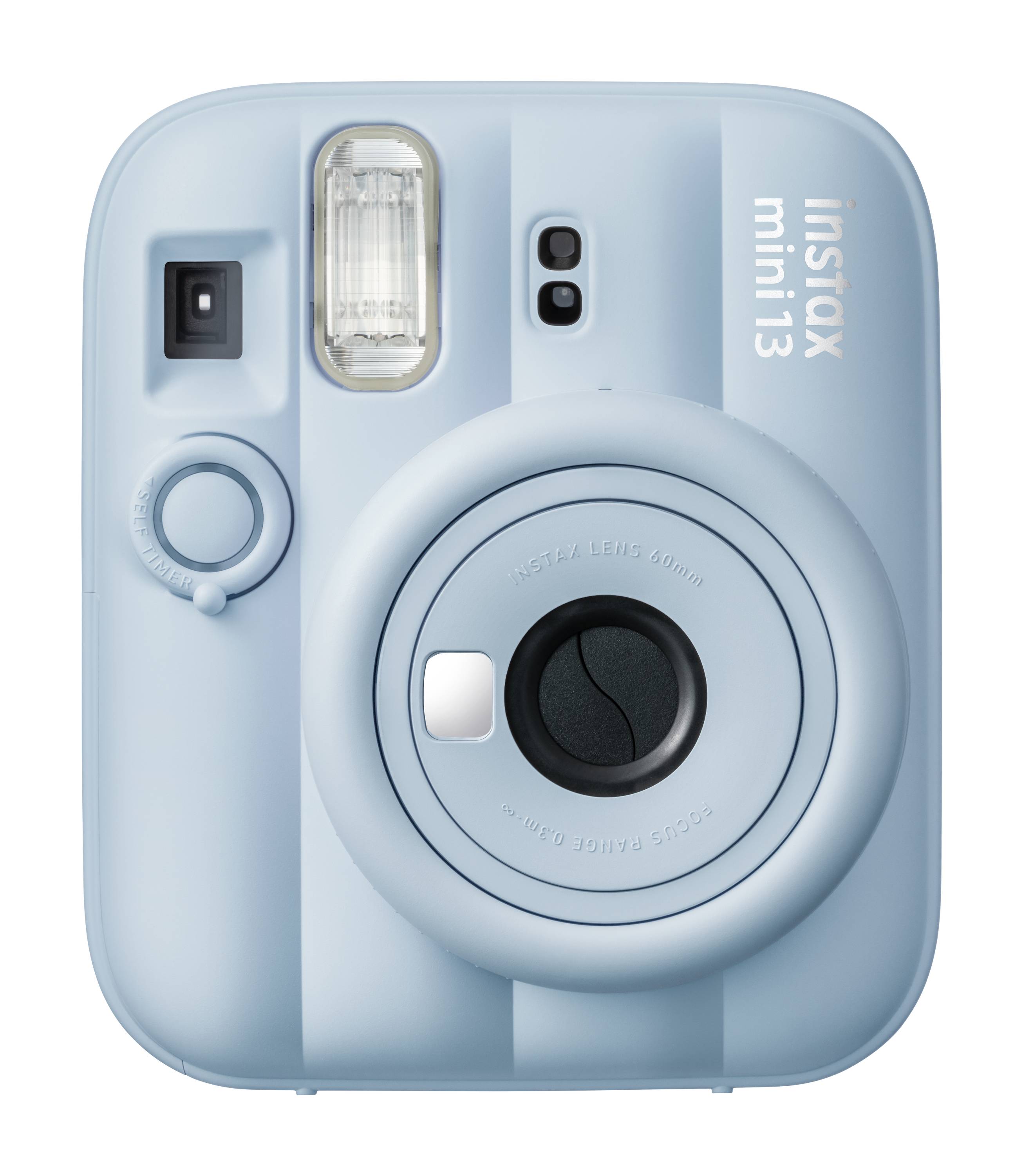 Hellblaue Instax Mini 13 Sofortbildkamera, Vorderansicht mit großem kreisförmigem Objektiv und Blitz.