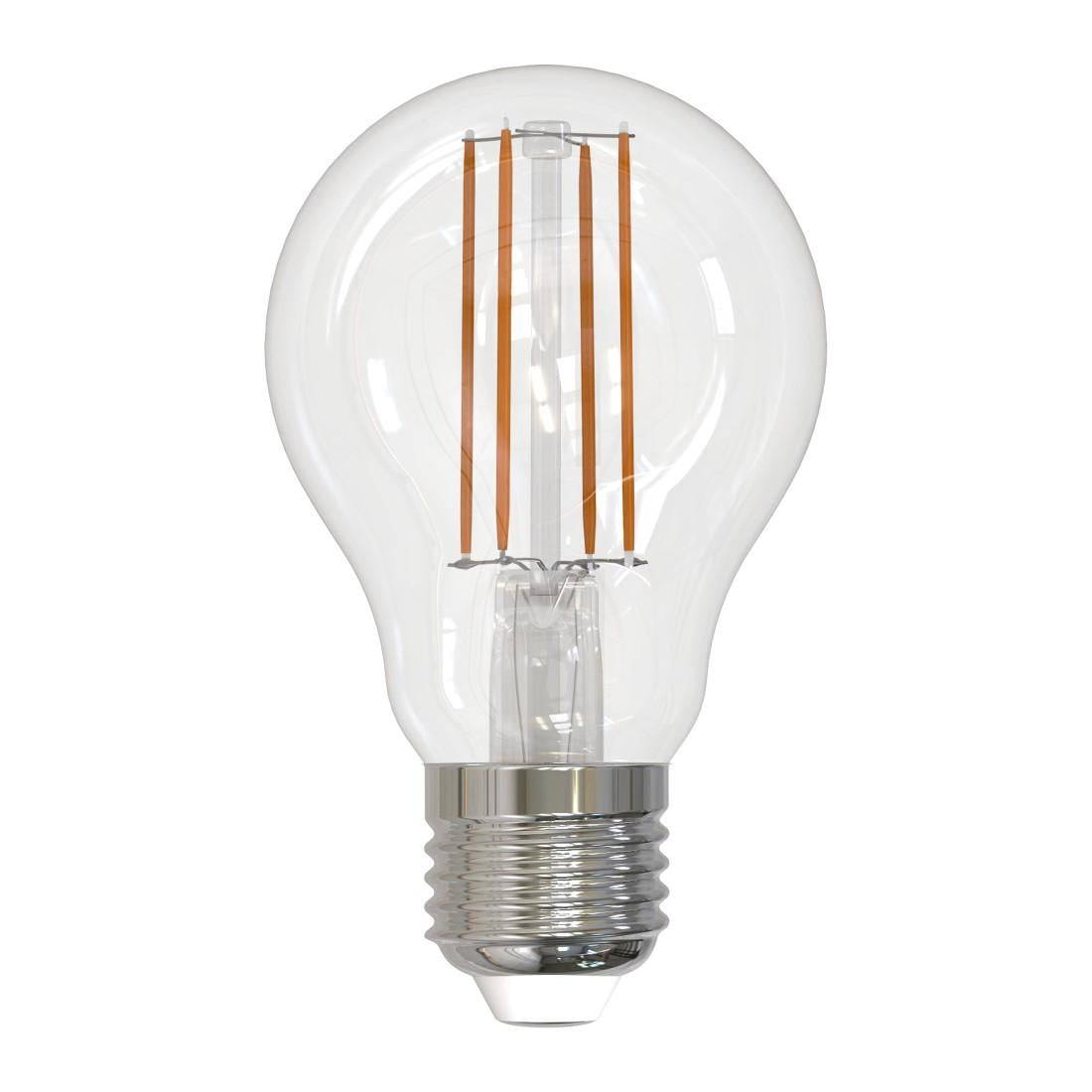 Klare Vintage-LED-Glühbirne mit sichtbarem Glühfaden und silberner Schraubfassung auf weißem Hintergrund.
