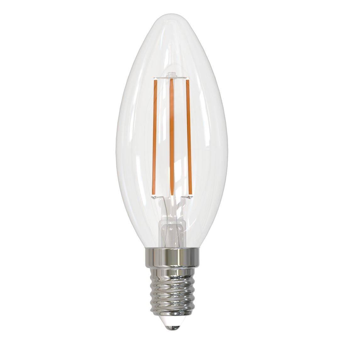 Klare LED-Kerzenbirne mit sichtbarem Glühfaden und Schraubsockel auf weißem Hintergrund.