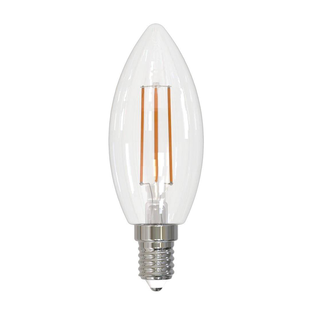Klare LED-Glühfadenlampe mit spitzer Kerzenform und Schraubfassung auf weißem Hintergrund.