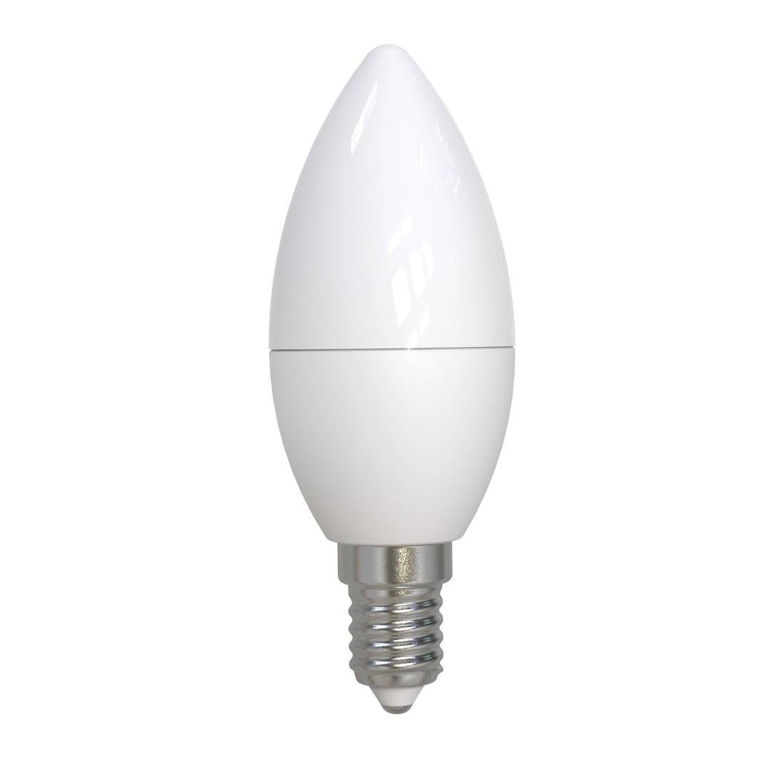 Weiße LED-Glühbirne mit kleiner Schraubfassung, isoliert vor einem weißen Hintergrund dargestellt.