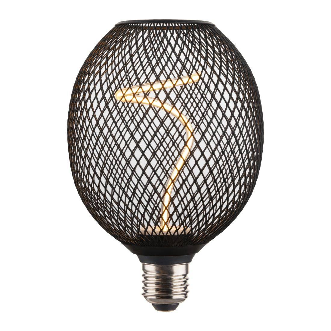 Dekorative kugelförmige Edison-Glühbirne im Vintage-Stil mit schwarzem Drahtgitterkäfig und glühendem Glühdraht auf weißem Hintergrund.