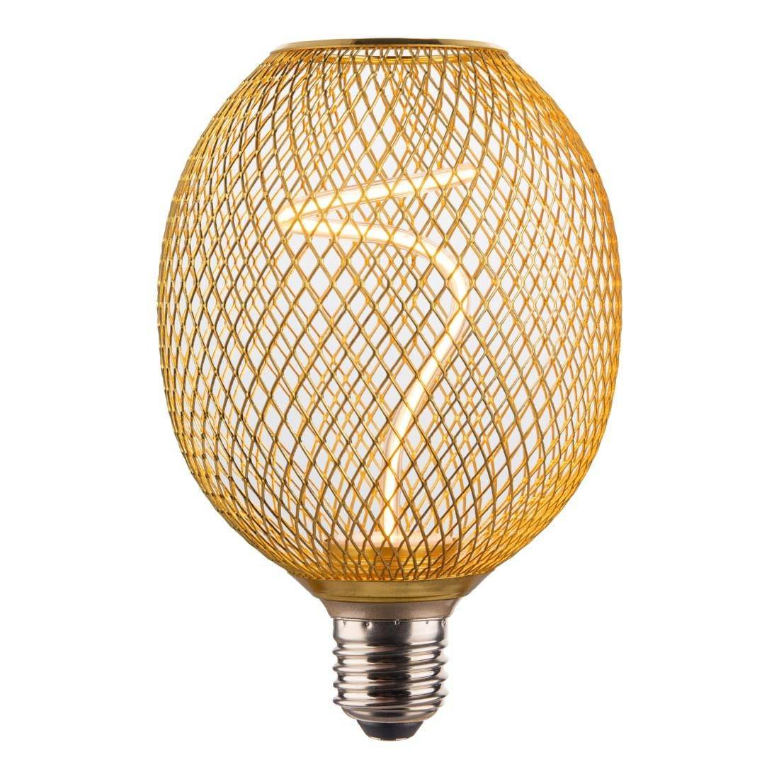 Eine dekorative Glühbirne aus Goldmaschenwerk mit sichtbarem leuchtendem Glühfaden und metallischer Schraubfassung auf weißem Hintergrund.
