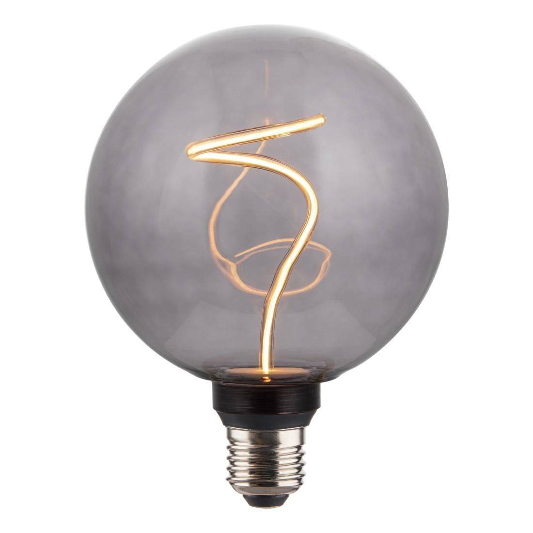 Eine runde grautönige Glühbirne im Edison-Stil mit einem leuchtenden Glühfaden und metallischer Schraubfassung auf weißem Hintergrund.