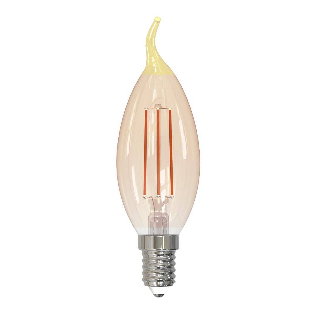 Eine klare LED-Kerzenleuchte mit flammenförmiger Spitze und sichtbarem Glühfaden, dargestellt auf weißem Hintergrund.