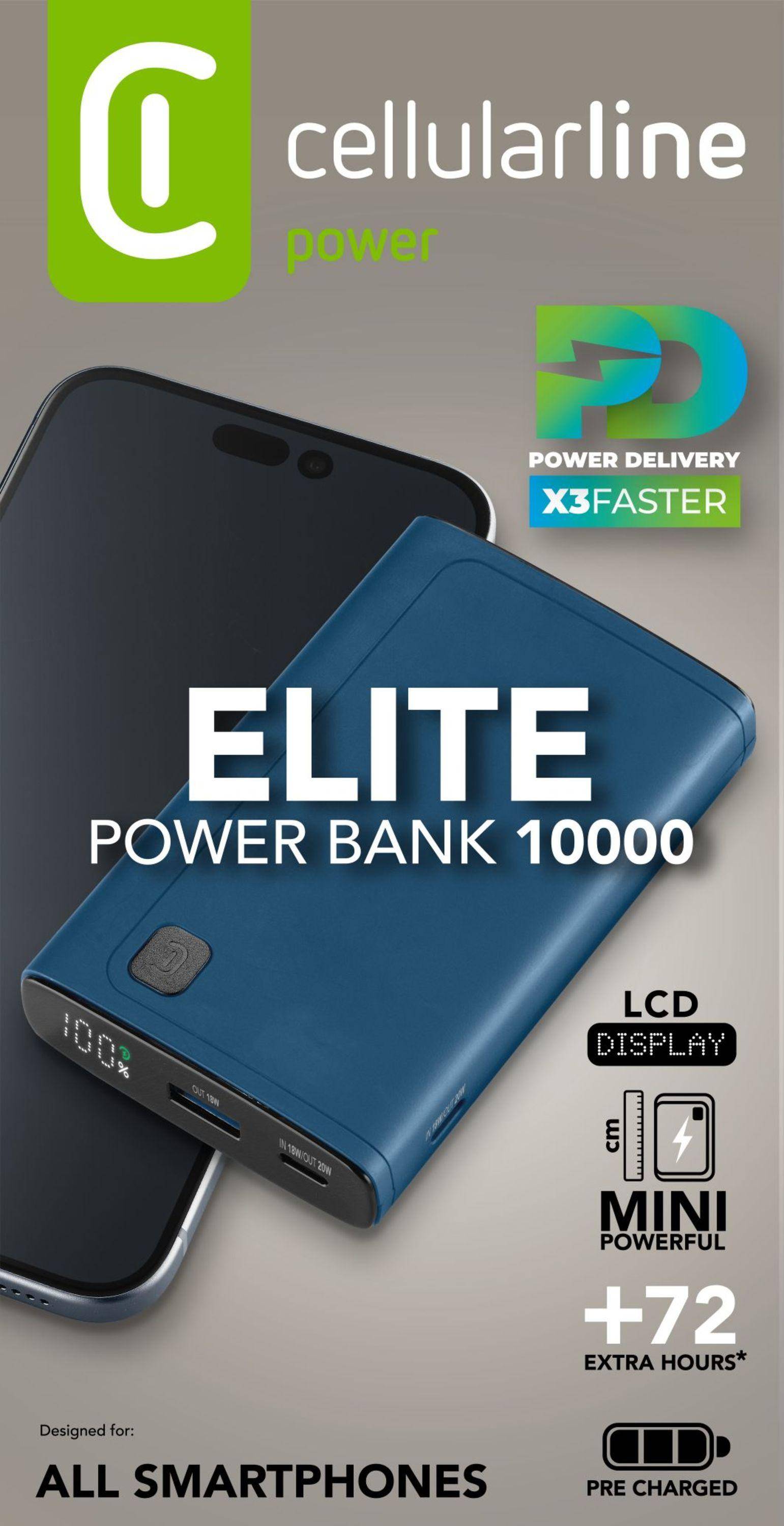 Werbebild einer blauen Celluarline Elite Power Bank 10000 mit LCD-Display, die ein Smartphone auflädt; bewirbt dreifach schnellere Stromabgabe, +72 zusätzliche Stunden und Kompatibilität mit allen Smartphones.
