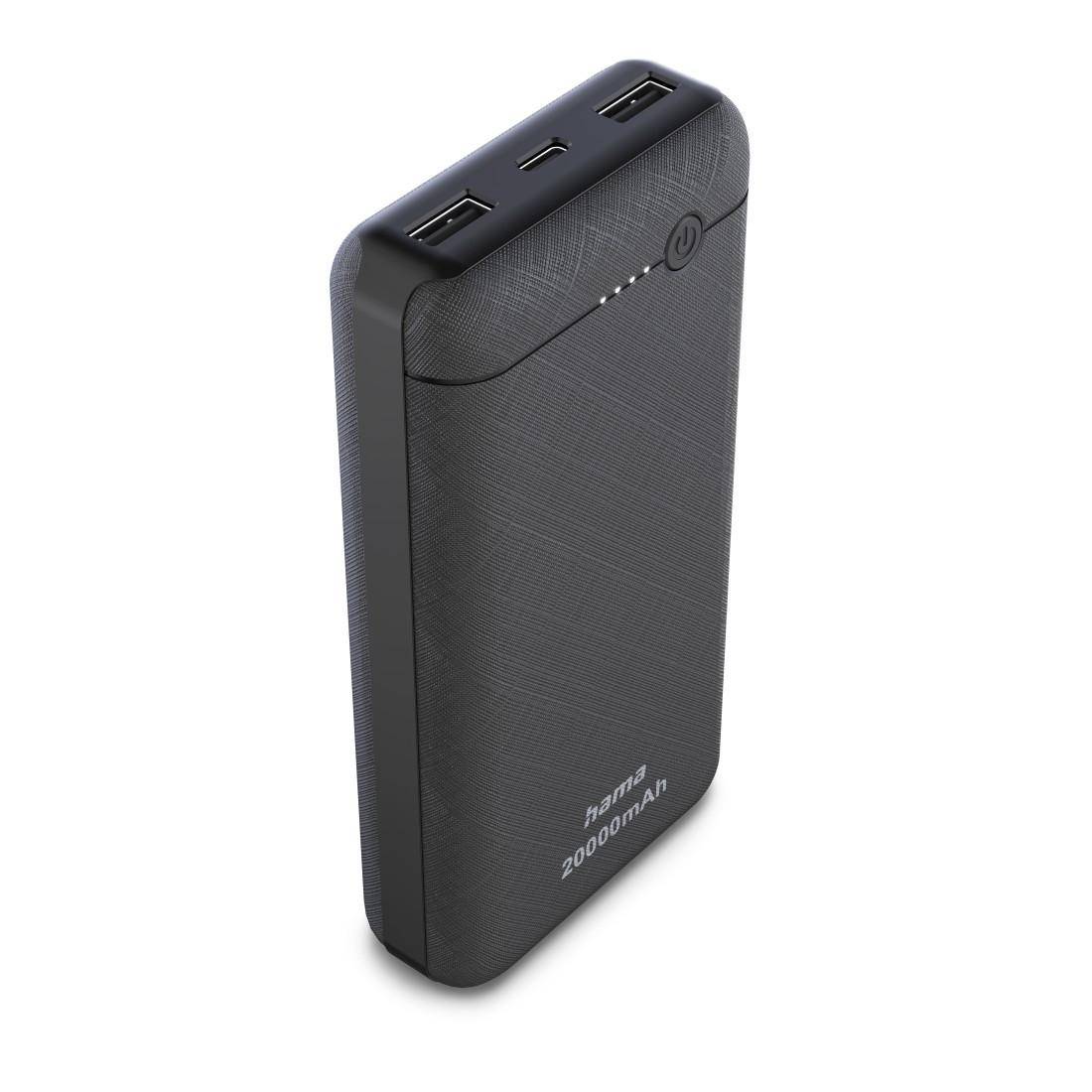 Schwarze tragbare Powerbank mit zwei USB-Anschlüssen, Ladeingang, Netzschalter und LED-Batterieanzeige; mit 20000mAh gekennzeichnet.
