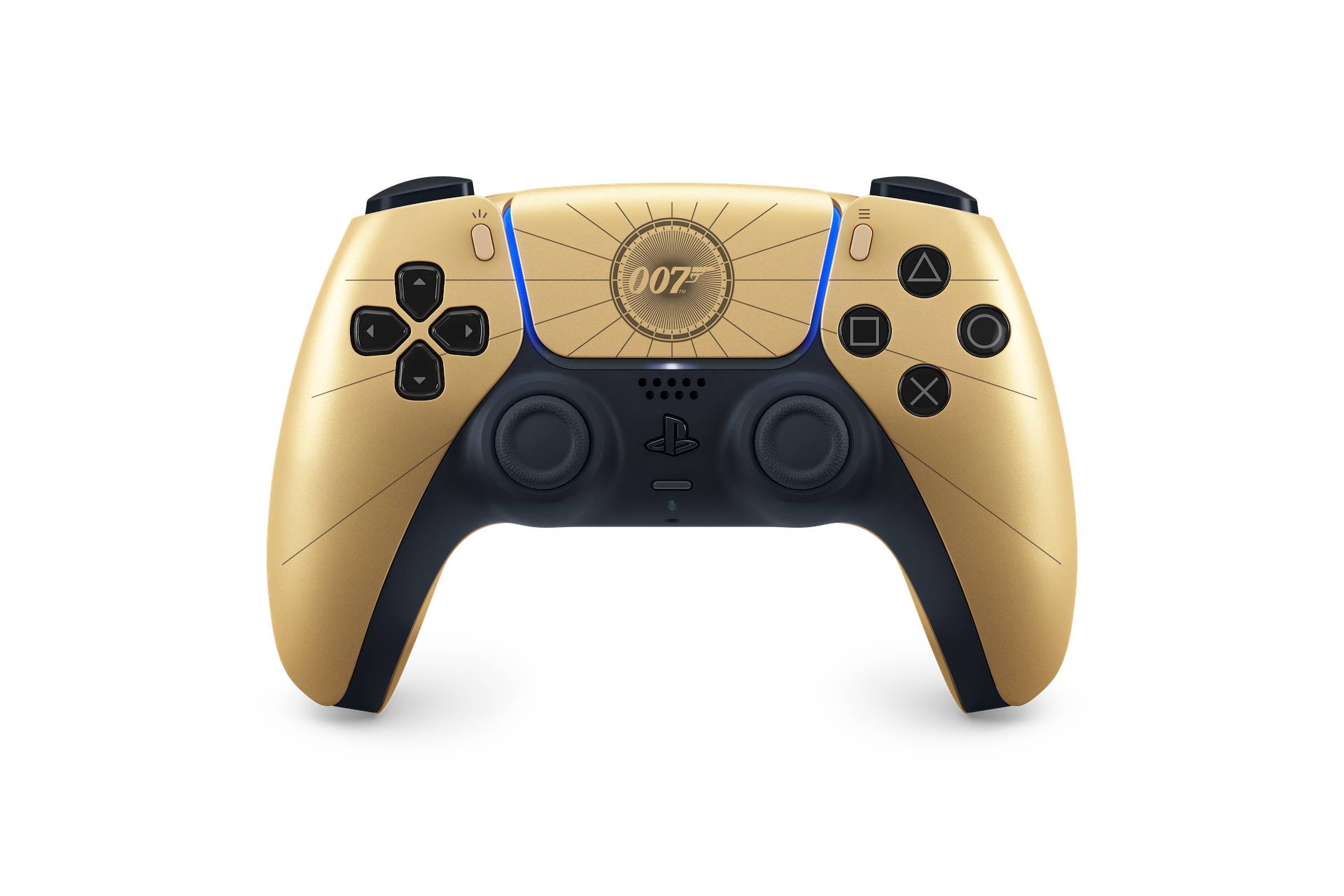 Gold-und-schwarzer PlayStation 5-Controller mit 007-Emblem in der Mitte des Touchpads, vor schwarzem Hintergrund gezeigt.