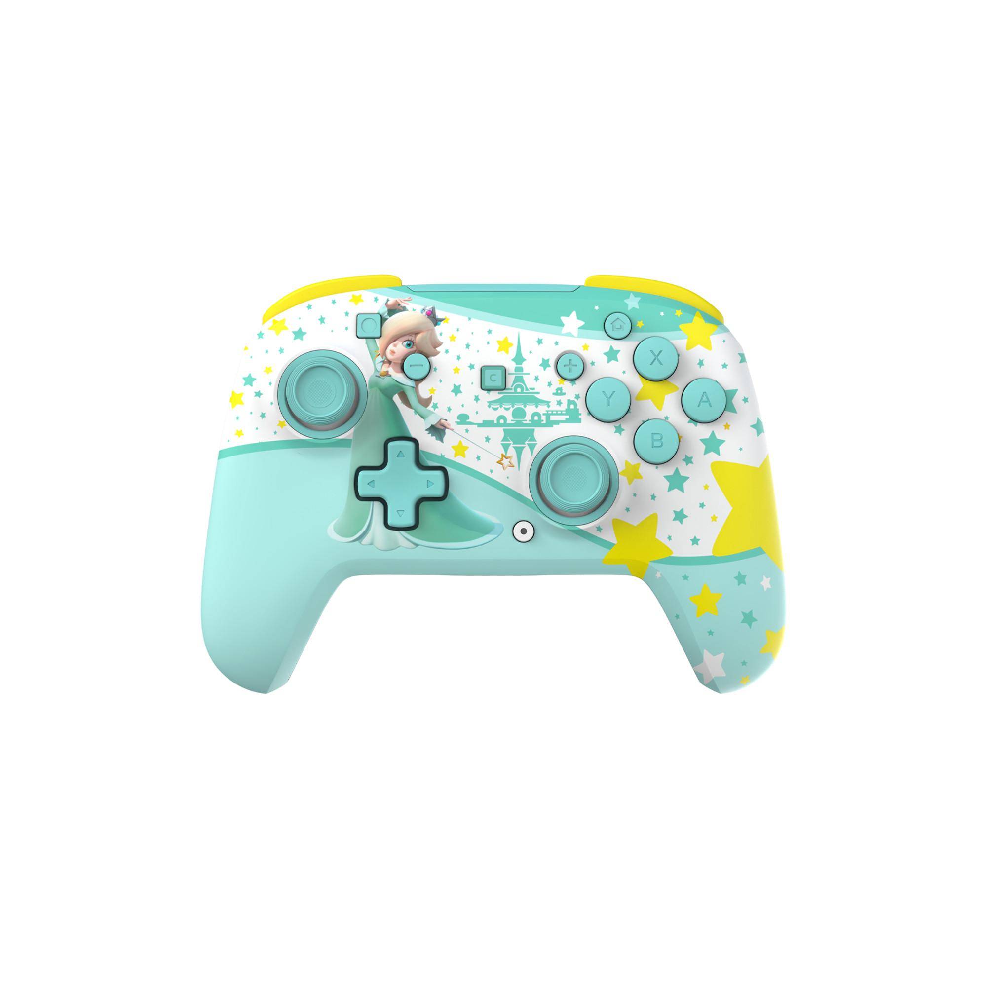 Ein türkis und weiß farbener Spielcontroller mit Stern- und Charakterdekorationen, gezeigt auf einem einfachen Hintergrund.