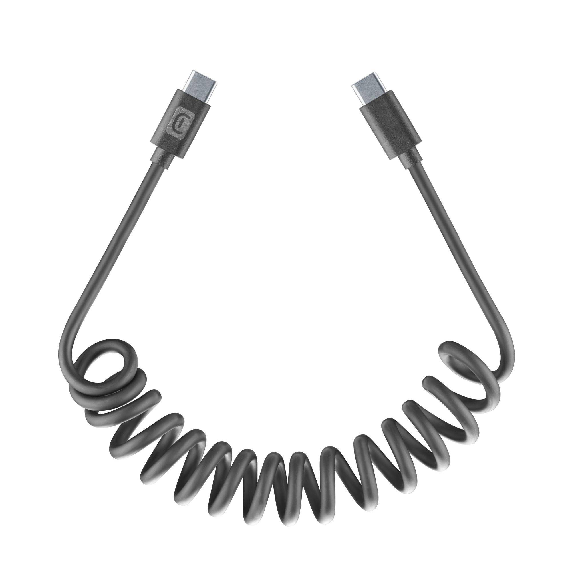 Gerolltes schwarzes USB-C-Kabel mit Anschlüssen an beiden Enden, shown auf weißem Hintergrund.