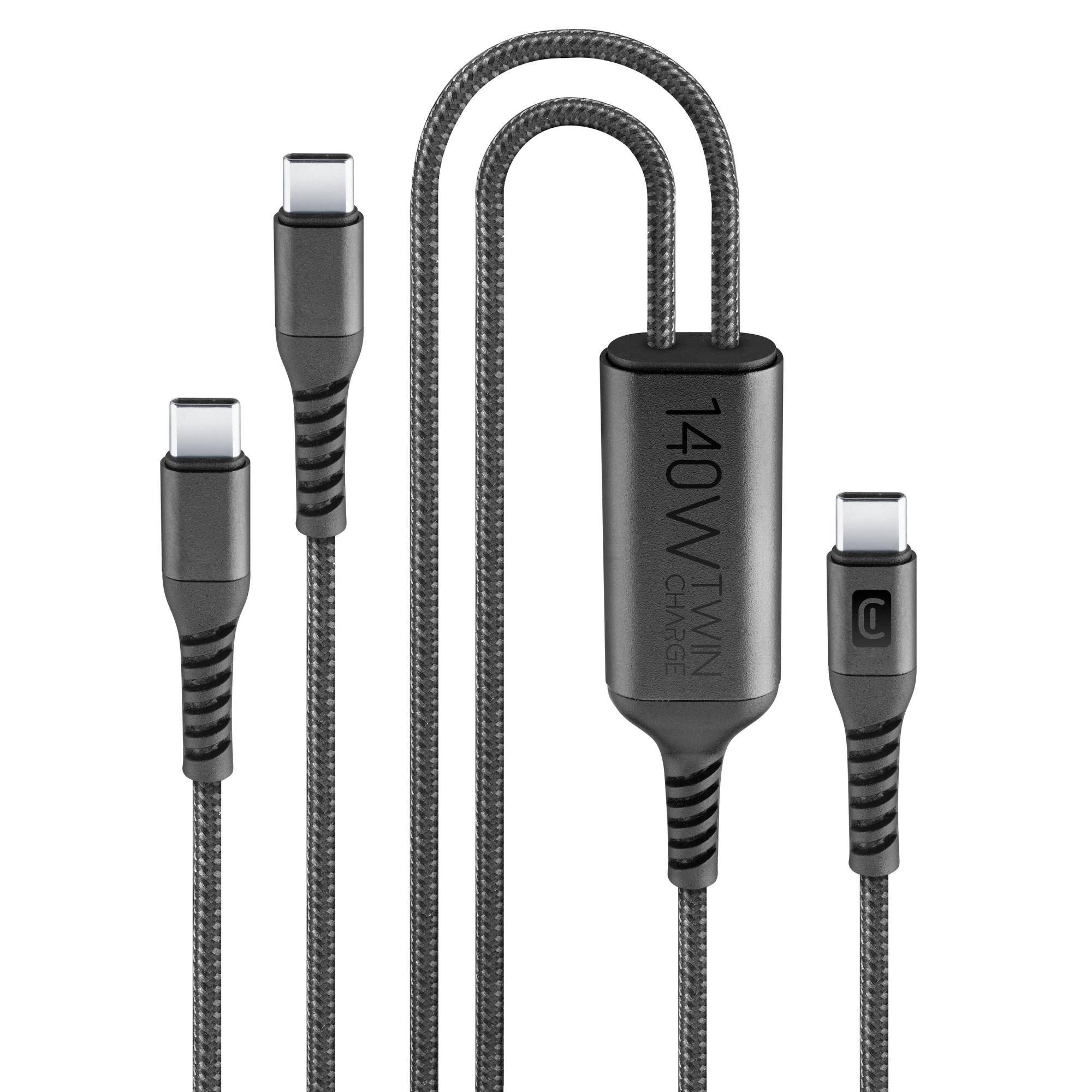 Geflochtenes USB-C-Ladekabel mit drei Anschlüssen, einer davon mit der Beschriftung „140W TWIN