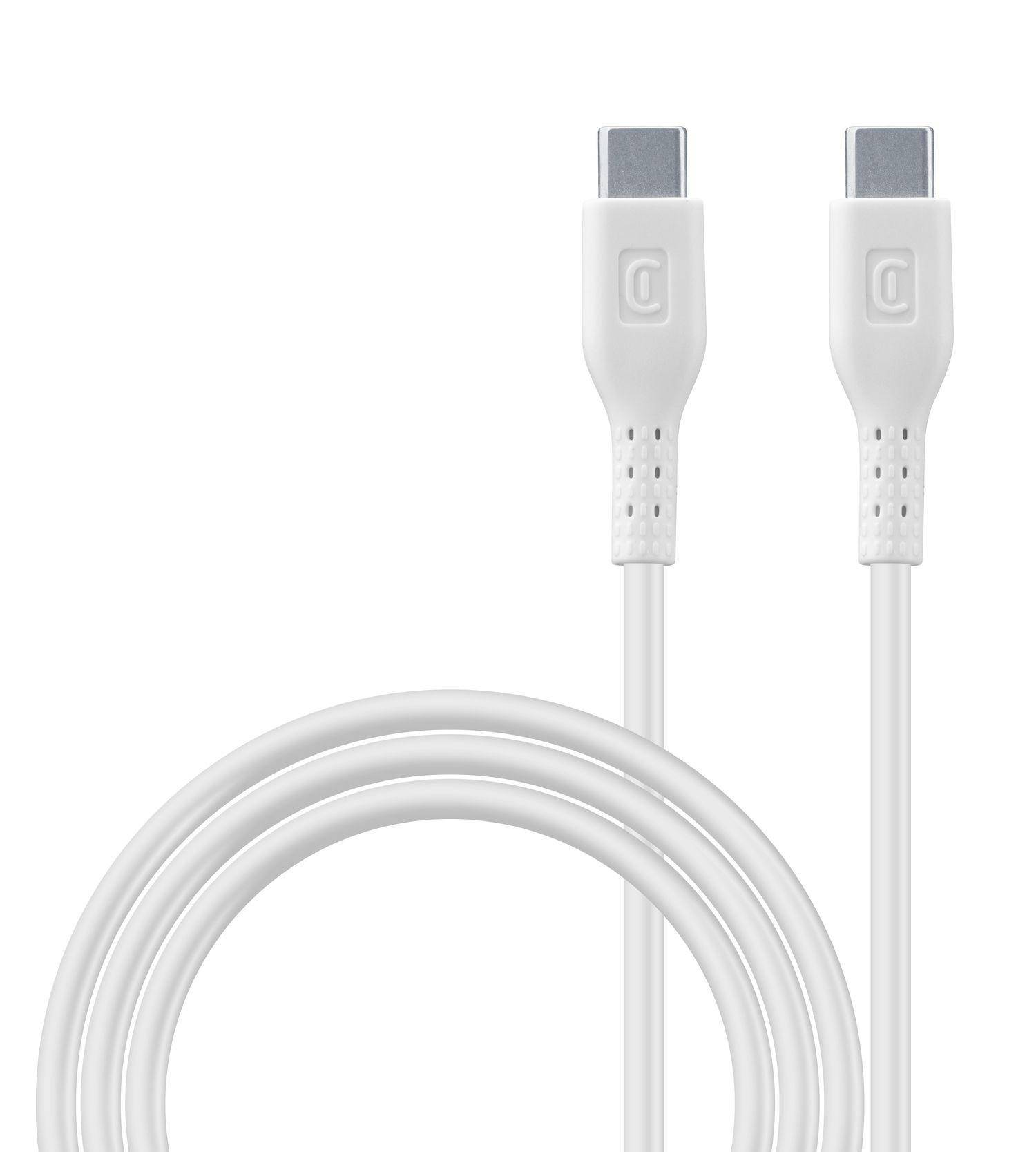 Weißes USB-C-zu-USB-C-Ladekabel mit zwei Steckern und Spiralkabel auf einfachem Hintergrund