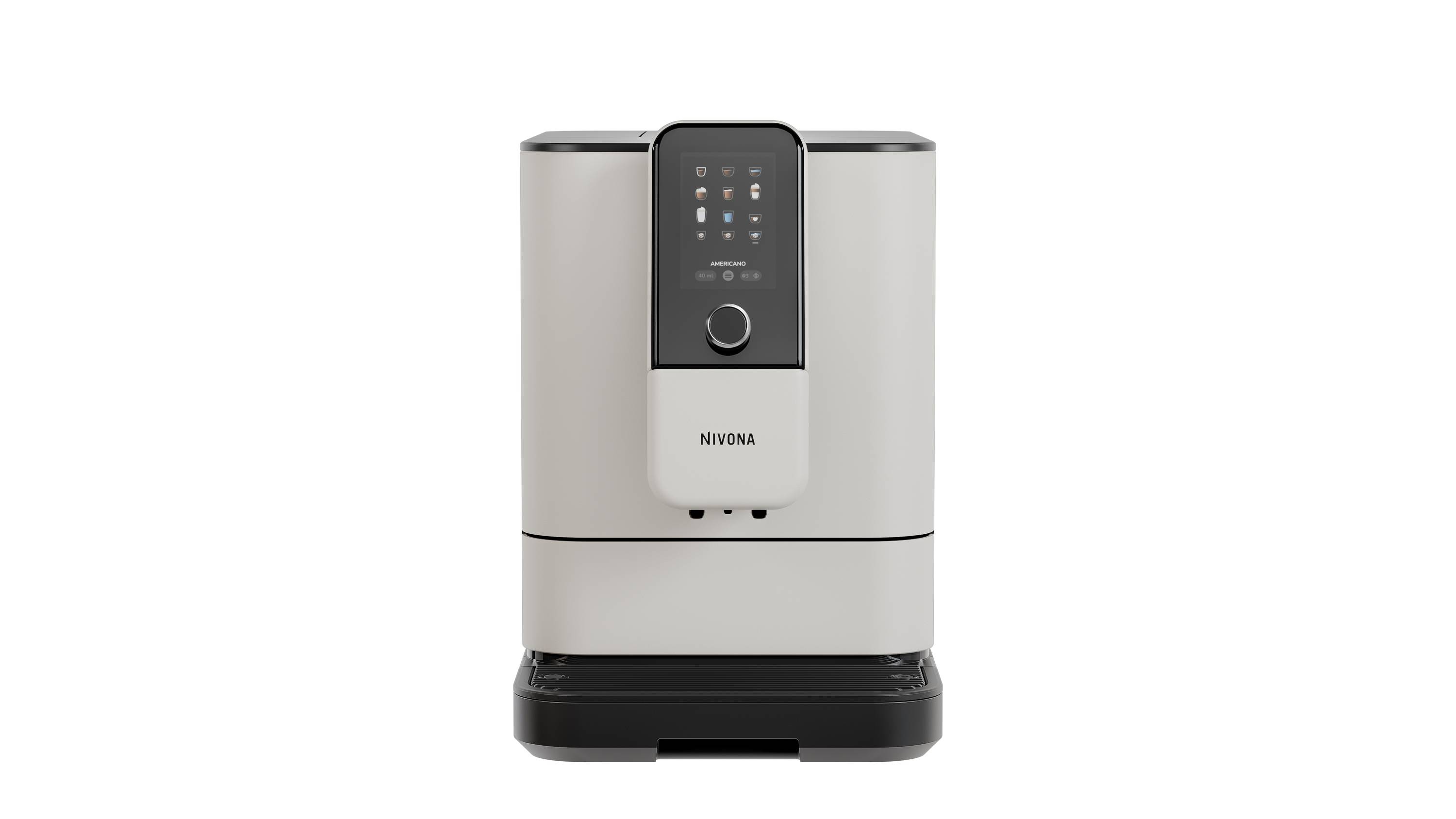Vorderansicht einer silbernen automatischen Kaffeemaschine von Nivona mit schwarzem Bedienfeld und Tropfschale auf schwarzem Hintergrund.