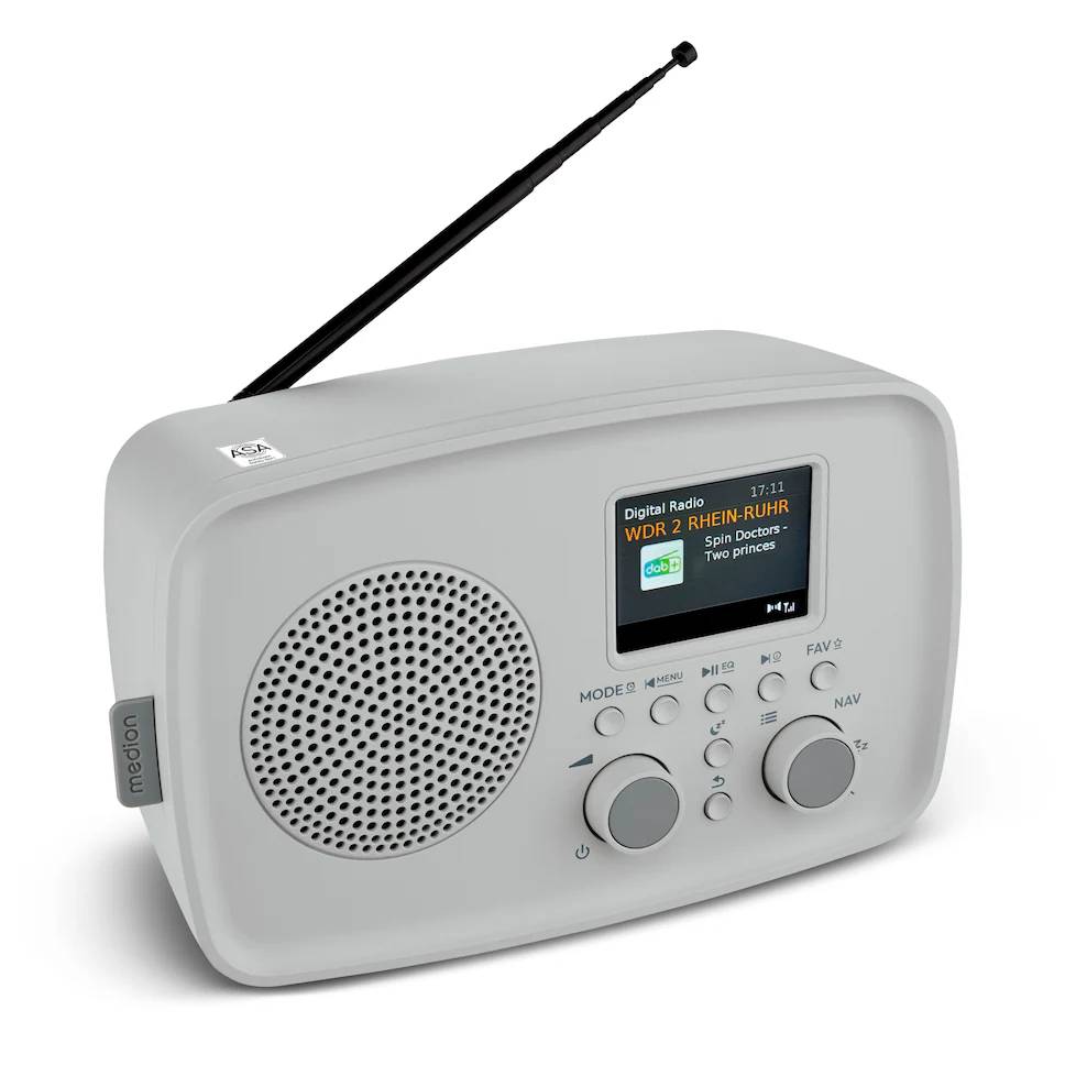 Graues tragbares digitales Radio mit Antenne, Lautsprechergitter und Display, das „WDR 2 RHEIN-RUHR