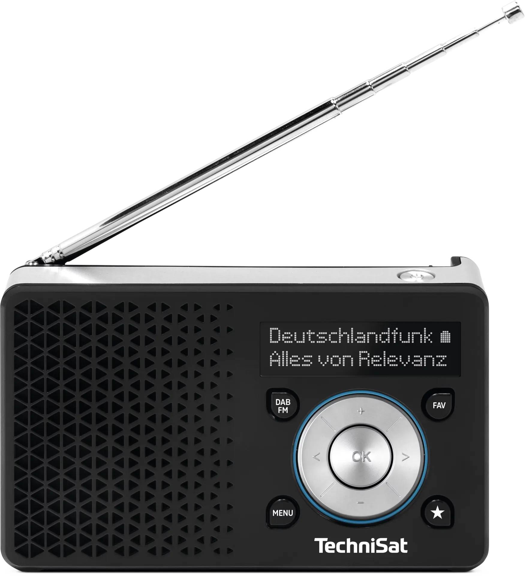 Schwarzes tragbares Technisat-Radio mit Teleskopantenne, digitales Display zeigt „Deutschlandfunk