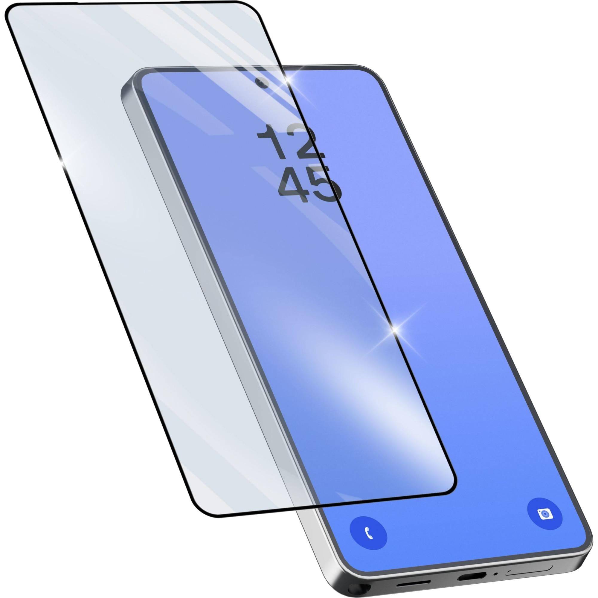 Smartphone mit einer klaren Schutzfolie für das Display, die teilweise über das Display angehoben ist und die Uhrzeit 12:45 sowie Telefon- und Kamerasymbole zeigt.